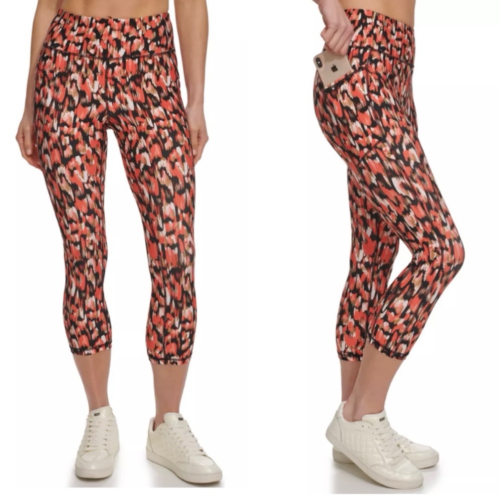 NWT DKNY Sport Coral & Black Printed High Waist Crop Leggings Womens XS